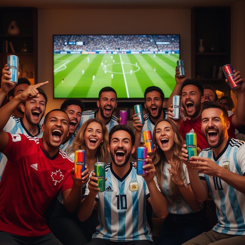 Friends in Canada and Argentina jerseys cheering with Mollo drinks